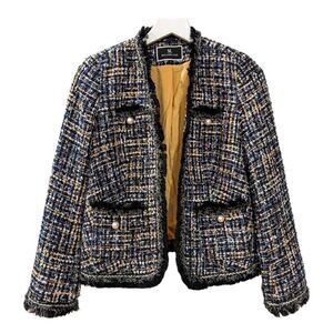 Melanie Lyne Multi-Colored Blue Tweed Open Front Blazer Jacket Frayed Trim Sz 4